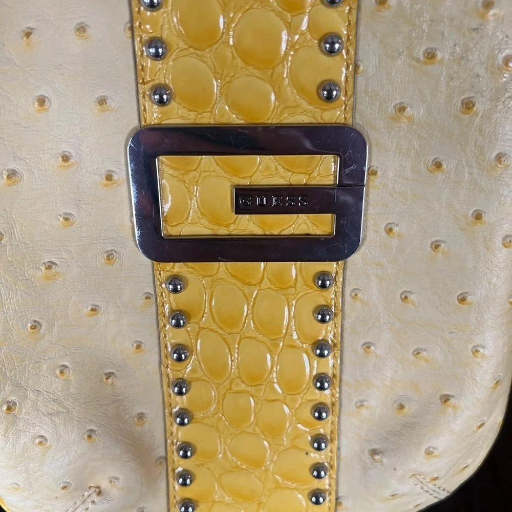 Guess Gold Yellow Crossbody Bag, Floral Print Inside, Silver G